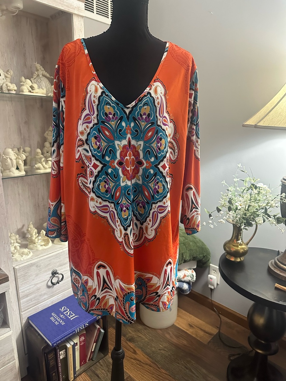 Melissa Paige Orange V-Neck Tunic with Multicolor Medallion